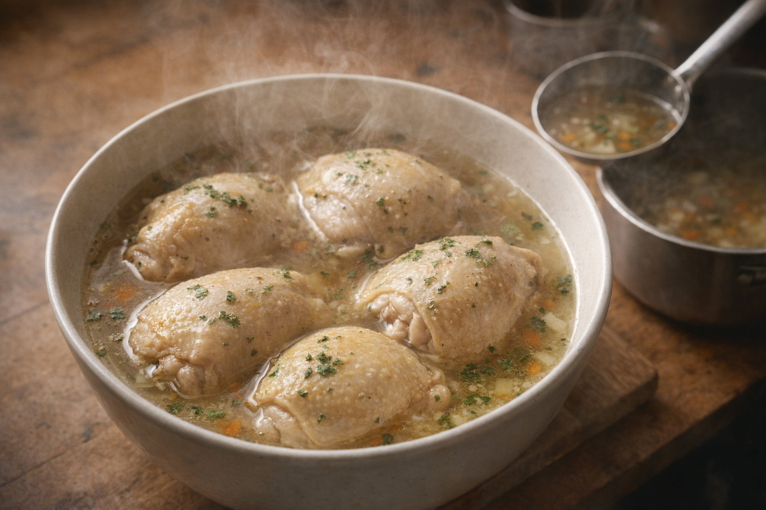 A top-down view of perfectly boiled chicken thighs in a bowl, with steam rising and a ladle in the background, suggesting soup preparation. Warm, inviting lighting